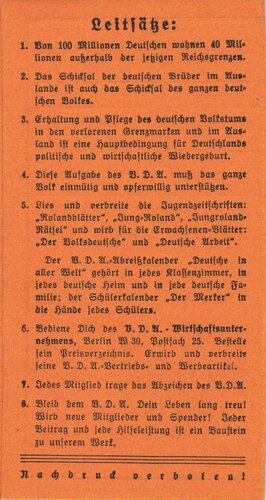 Volksbund für das Deutschtum im Ausland (VDA), Opferkarte einer Schülerin, "V.D.A Schulgruppe der Ev. Mädchen-Schule", Nürnberg, 1.5.1934, ca. 12 x 6,5 cm, sehr guter Zustand