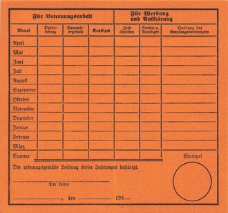 Volksbund für das Deutschtum im Ausland (VDA), Opferkarte einer Schülerin, "V.D.A Schulgruppe der Ev. Mädchen-Schule", Nürnberg, 1.5.1934, ca. 12 x 6,5 cm, sehr guter Zustand