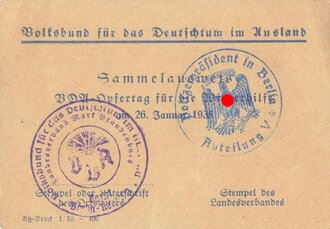 Volksbund für das Deutschtum im Ausland (VDA), Sammlerausweis, Stempel "Polizeipräsident in Berlin Abteilung V", Opfertag 26. Januar 1935, ca. 7,5 x 19,5 cm, sehr guter Zustand