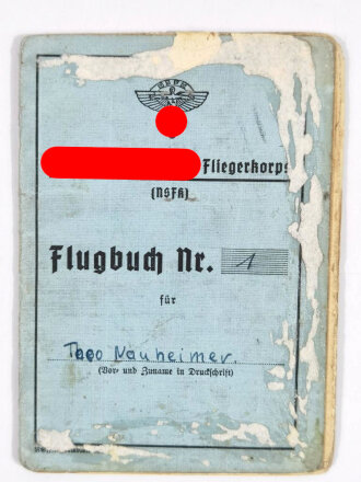 NSFK, Flugbuch Nr. 1, Sturm 6/75, NSFK-Gruppe 11, Giessen, 20.10.1942,  98 bestätigte Flüge, Klebereste, gebraucht