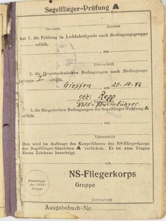 NSFK, Flugbuch Nr. 1, Sturm 6/75, NSFK-Gruppe 11, Giessen, 20.10.1942,  98 bestätigte Flüge, Klebereste, gebraucht