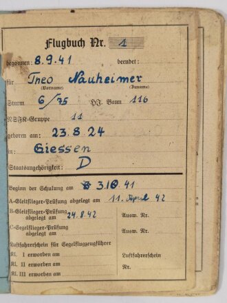 NSFK, Flugbuch Nr. 1, Sturm 6/75, NSFK-Gruppe 11, Giessen, 20.10.1942,  98 bestätigte Flüge, Klebereste, gebraucht