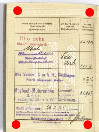 Arbeitsbuch eines Mechanikers mit Gesellenprüfung aus Lörrach, u.a. "Maybach Motorenbau Friedrichshafen" und RAD, bis 4.4. 1938, guter Zustand