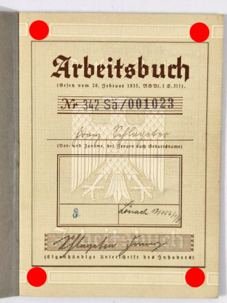 Arbeitsbuch eines Mechanikers mit Gesellenprüfung aus Lörrach, u.a. "Maybach Motorenbau Friedrichshafen" und RAD, bis 4.4. 1938, guter Zustand