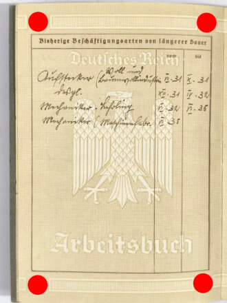 Arbeitsbuch eines Mechanikers mit Gesellenprüfung aus Lörrach, u.a. "Maybach Motorenbau Friedrichshafen" und RAD, bis 4.4. 1938, guter Zustand