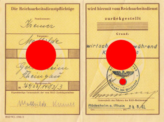 Reichsarbeitsdienst für die weibliche Jugend, Zurückstellungsschein, Geisenheim/Rüdesheim, 20.8.1941, mit ausgefüllter Postkarte "Nichtheranziehung", Stempel WHW, 8.6.1943, eingerissen, sonst guter Zustand