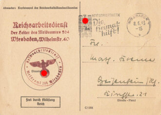 Reichsarbeitsdienst für die weibliche Jugend, Zurückstellungsschein, Geisenheim/Rüdesheim, 20.8.1941, mit ausgefüllter Postkarte "Nichtheranziehung", Stempel WHW, 8.6.1943, eingerissen, sonst guter Zustand