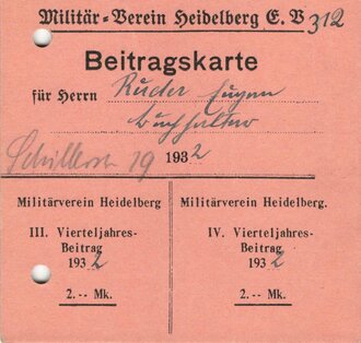 Militär-Verein-Heidelberg e.V., Beitragskarte, 1932, 10 x 10,5 cm, guter Zustand