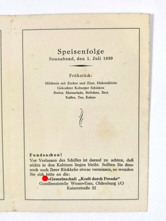 DAF / KdF, Faltblatt mit Speisefolge und Tagesgestaltung, Norwegenreise des Dampfers "Sierra Cordoba", 1. Juli 1939, ca. 13 x 19 cm, guter Zustand