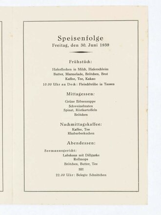 DAF / KdF, Faltblatt mit Speisefolge und Tagesgestaltung, Norwegenreise des Dampfers "Sierra Cordoba", 30. Juni 1939, ca. 13 x 19 cm, guter Zustand