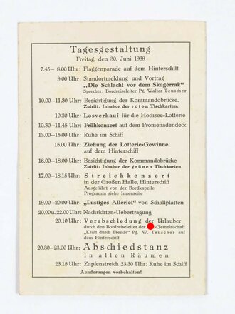DAF / KdF, Faltblatt mit Speisefolge und Tagesgestaltung, Norwegenreise des Dampfers "Sierra Cordoba", 30. Juni 1939, ca. 13 x 19 cm, guter Zustand