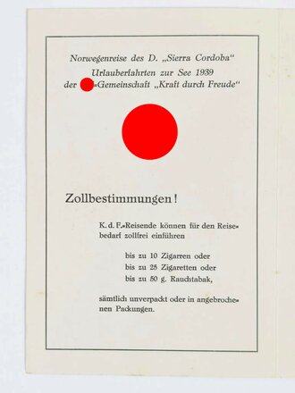 DAF / KdF, Faltblatt mit Speisefolge und Tagesgestaltung, Norwegenreise des Dampfers "Sierra Cordoba", 29. Juni 1939, ca. 13 x 19 cm, guter Zustand