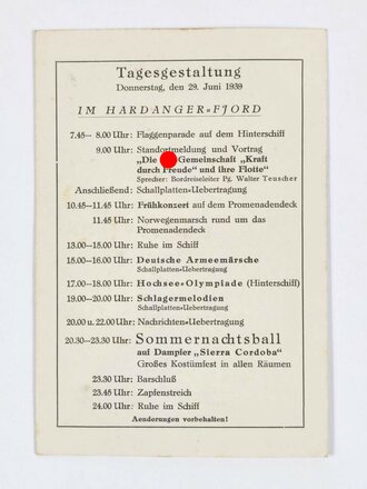 DAF / KdF, Faltblatt mit Speisefolge und Tagesgestaltung, Norwegenreise des Dampfers "Sierra Cordoba", 29. Juni 1939, ca. 13 x 19 cm, guter Zustand