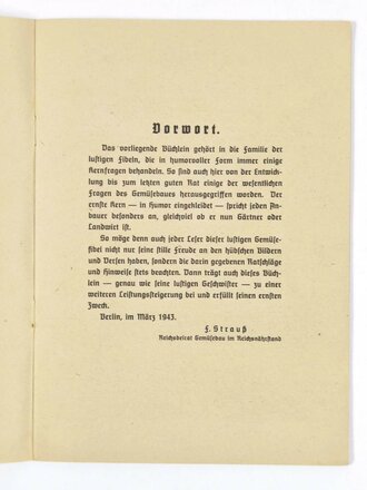 Deutsche Landwerbung, "Die lustige Gemüse Fibel", Reichsnährstand, ohne Jahr, 31 Seiten, DIN A5, Titelblatt mit Eselsohr, sonst guter Zustand