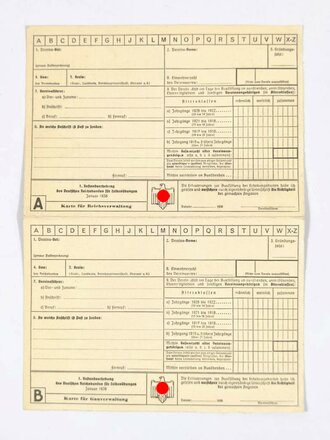 DRL Deutscher Reichsbund für Leibesübungen, "Karte für Reichsverwaltung" und "Karte für Gauverwaltung", Blanko, Januar 1936, DIN A4, gefaltet, guter Zustand