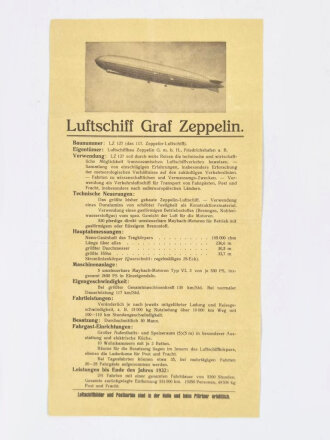 Datenblatt "Luftschiff Graf Zeppelin", 1932, ca. 15 x 28,5 cm, mehrfach gefaltet, sonst guter Zustand