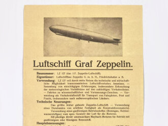 Datenblatt "Luftschiff Graf Zeppelin", 1932, ca. 15 x 28,5 cm, mehrfach gefaltet, sonst guter Zustand