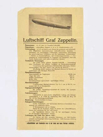 Datenblatt "Luftschiff Graf Zeppelin", 1932, ca. 15 x 28,5 cm, mehrfach gefaltet, Eselsohren, sonst guter Zustand