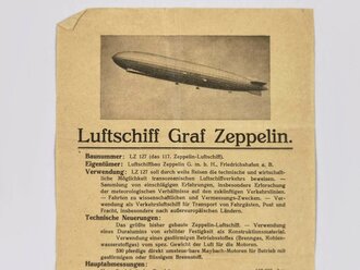 Datenblatt "Luftschiff Graf Zeppelin", 1932, ca. 15 x 28,5 cm, mehrfach gefaltet, Eselsohren, sonst guter Zustand