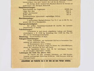 Datenblatt "Luftschiff Graf Zeppelin", 1932, ca. 15 x 28,5 cm, mehrfach gefaltet, Eselsohren, sonst guter Zustand