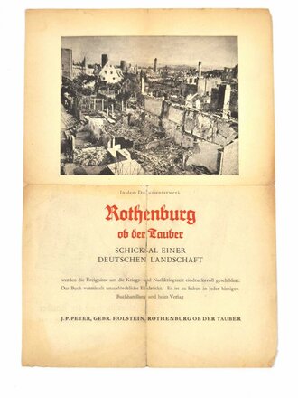 Deutschland nach 1945, Werbeblatt "Feuer fällt vom Himmel - Rothenburg ob der Tauber nach den Zerstörungen des Luftangriffes vom 31. März 1945", DIN A4, mehrfach gefaltet, sonst guter Zustand