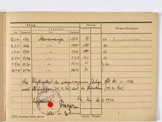 Flugbuch des Flugzeugführers "K. Panzer", Seeaufklärungs-Gruppe, mit 126  bestätigten Flügen bis 26.9.1944, ca. 14,5 x 20,5 cm, gebraucht, guter Zustand