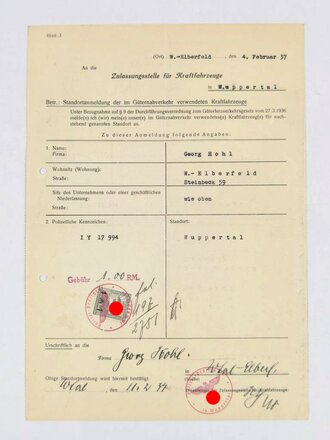KfZ-Zulassung, Formular für Standortanmeldung, Zulassungsstelle für Kraftfahrzeuge, Wuppertal, ausgefüllt, gestempelt, 11. Februar 1937, DIN A4. gelocht, gefaltet