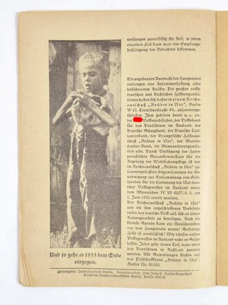 "Brüder in Not ! - Dokumente der Hungersnot unter deutschen Volksgenossen in Rußland", Reichsausschuss "Bruder in Not", 1933, 15 Seiten, 14,5 x 29,5 cm, ohne Jahr, guter Zustand