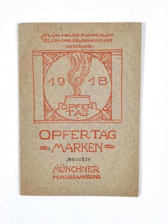 1. Weltkrieg, Rotes Kreuz, Heft mit "Opfertag Marken" der Münchner Haussammlung, 1918, insgesamt 50 Mark/13 Marken, 11,5 x 16,5 cm, guter Zustand