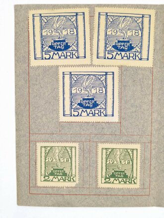 1. Weltkrieg, Rotes Kreuz, Heft mit "Opfertag Marken" der Münchner Haussammlung, 1918, insgesamt 50 Mark/13 Marken, 11,5 x 16,5 cm, guter Zustand