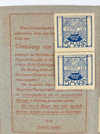 1. Weltkrieg, Rotes Kreuz, Heft mit "Opfertag Marken" der Münchner Haussammlung, 1918, insgesamt 50 Mark/13 Marken, 11,5 x 16,5 cm, guter Zustand