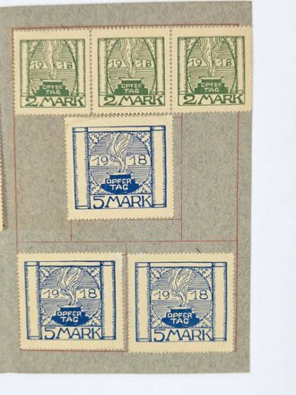 1. Weltkrieg, Rotes Kreuz, Heft mit "Opfertag Marken" der Münchner Haussammlung, 1918, insgesamt 50 Mark/13 Marken, 11,5 x 16,5 cm, guter Zustand