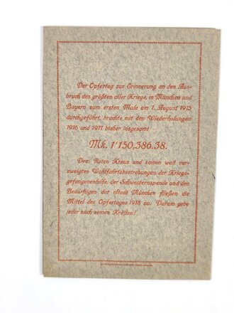 1. Weltkrieg, Rotes Kreuz, Heft mit "Opfertag Marken" der Münchner Haussammlung, 1918, insgesamt 50 Mark/13 Marken, 11,5 x 16,5 cm, guter Zustand