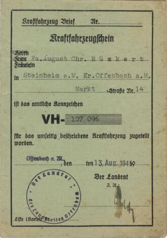 Deutschland nach 1945, Kraftfahrzeugschein für einen Traktor der Marke Fordson, Offenbach am Main, 13. August 1945, ca. 10,5 x 15 cm, gebraucht