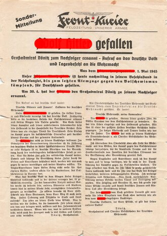 Kriegsende 1945, Sonder-Mitteilung der Feldzeitung Front-Kurier, "Adolf Hitler gefallen", 1. Mai 1945, DIN A4, mehrfach gefaltet, gebraucht