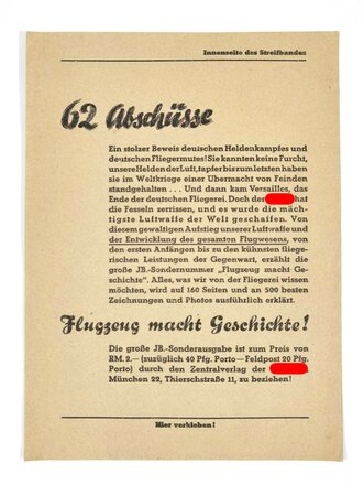 Werbeblatt als Feldpost-Briefumschlag für Sonderausgabe des Illustrierten Beobachters "Flugzeug macht Geschichte - 62 Abschüsse", 1939, DIN A4, neuwertiger Zustand