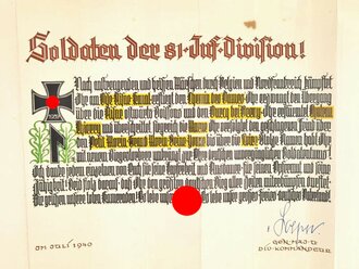 Gedenkblatt, Dank an die 81. Infanterie Division für die Leistungen im Frankreich-Feldzug von ihrem Kommandeur Generalmajor Friedrich-Wilhelm von Loeper , Juli 1940, 34 x 48 cm, mehrfach gefaltet, zum Teil fleckig, gebraucht