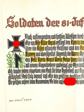 Gedenkblatt, Dank an die 81. Infanterie Division für die Leistungen im Frankreich-Feldzug von ihrem Kommandeur Generalmajor Friedrich-Wilhelm von Loeper , Juli 1940, 34 x 48 cm, mehrfach gefaltet, zum Teil fleckig, gebraucht