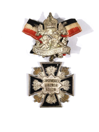 Deutscher Krieger Bund, Verbandsabzeichen mit Band und Ehrenkreuz "Langenberger Landwehr Verein", 40 mm, gebraucht