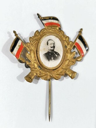 Kaiserreich, Blechabzeichen mit Portrait Kaiser Wilhelm II. und Reichflaggen, ca. 33 mm, gebraucht