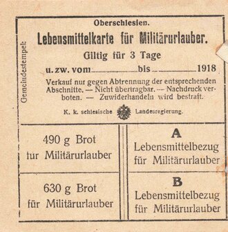 1. Weltkrieg, Oberschlesien, Lebensmittelkarte...