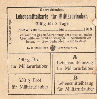 1. Weltkrieg, Oberschlesien, Lebensmittelkarte "Brot" für Militärurlauber, 1918, 9 x 9 cm, Klebereste, z.T. fleckig