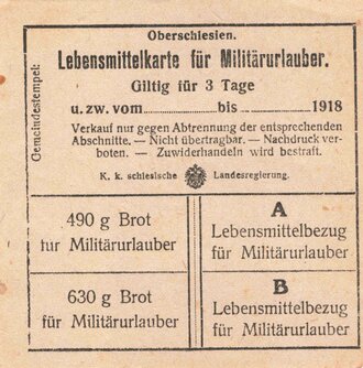 1. Weltkrieg, Oberschlesien, Lebensmittelkarte "Brot" für Militärurlauber, 1918, 9 x 9 cm, Klebereste, z.T. fleckig