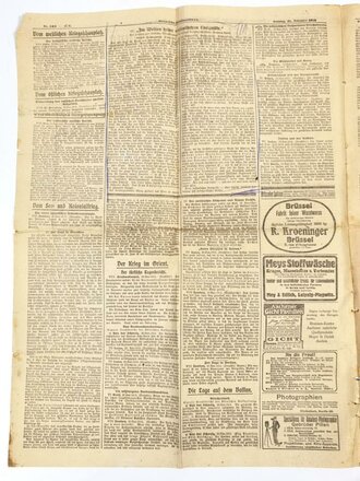 1. Weltkrieg, Kölnische Volkszeitung, Titelblatt "U-Boote", 4 Seiten, 21. November 1915, mehrfach gefaltet, verschlissen