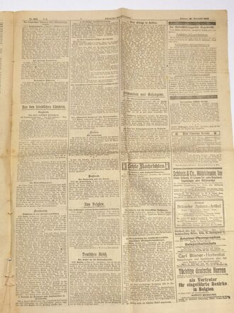 1. Weltkrieg, Kölnische Volkszeitung, Titelblatt "U-Boote", 4 Seiten, 21. November 1915, mehrfach gefaltet, verschlissen