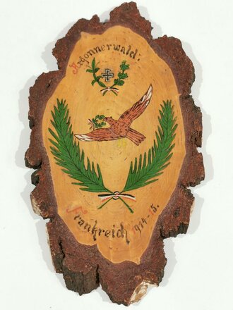 1. Weltkrieg, Holzscheibe zum Gedenken an die Schlacht im Argonner Wald/Argonnen, Frankreich 1914-15, handbemalt, ca. 13 x 23 x3 cm, guter Zustand