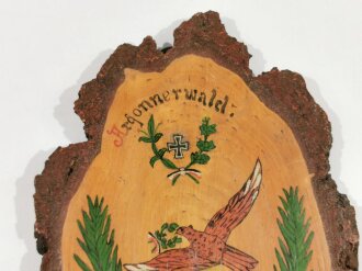 1. Weltkrieg, Holzscheibe zum Gedenken an die Schlacht im Argonner Wald/Argonnen, Frankreich 1914-15, handbemalt, ca. 13 x 23 x3 cm, guter Zustand