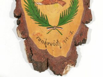1. Weltkrieg, Holzscheibe zum Gedenken an die Schlacht im Argonner Wald/Argonnen, Frankreich 1914-15, handbemalt, ca. 13 x 23 x3 cm, guter Zustand