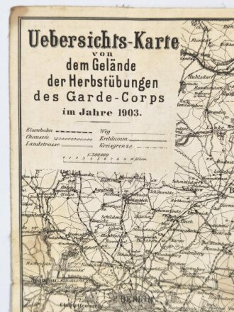 Kaiserreich, Landkarte auf Textil, "Übersichts-Karte von dem Gelände der Herbstübungen des Garde-Corps", 1:300.000, Kriegsministerium, 1903, 27 x 35 cm, mehrfach gefaltet, gebraucht, fleckig, Klebereste