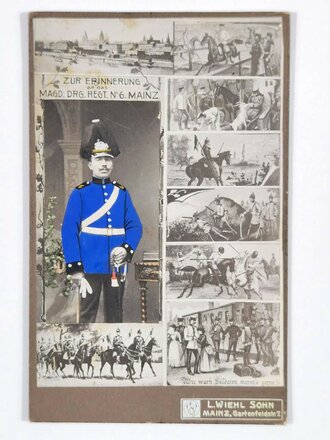 Kaiserreich, Kolorierte Atelieraufnahme eines Soldaten zur Erinnerung an das Königlich Preussische Magdeburger Dragoner-Regiment Nr. 6 Mainz, ca. 10,5 x 16,5 cm, gebraucht